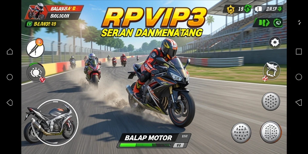Screenshot game RPVIP3 menampilkan aksi balap motor yang seru.